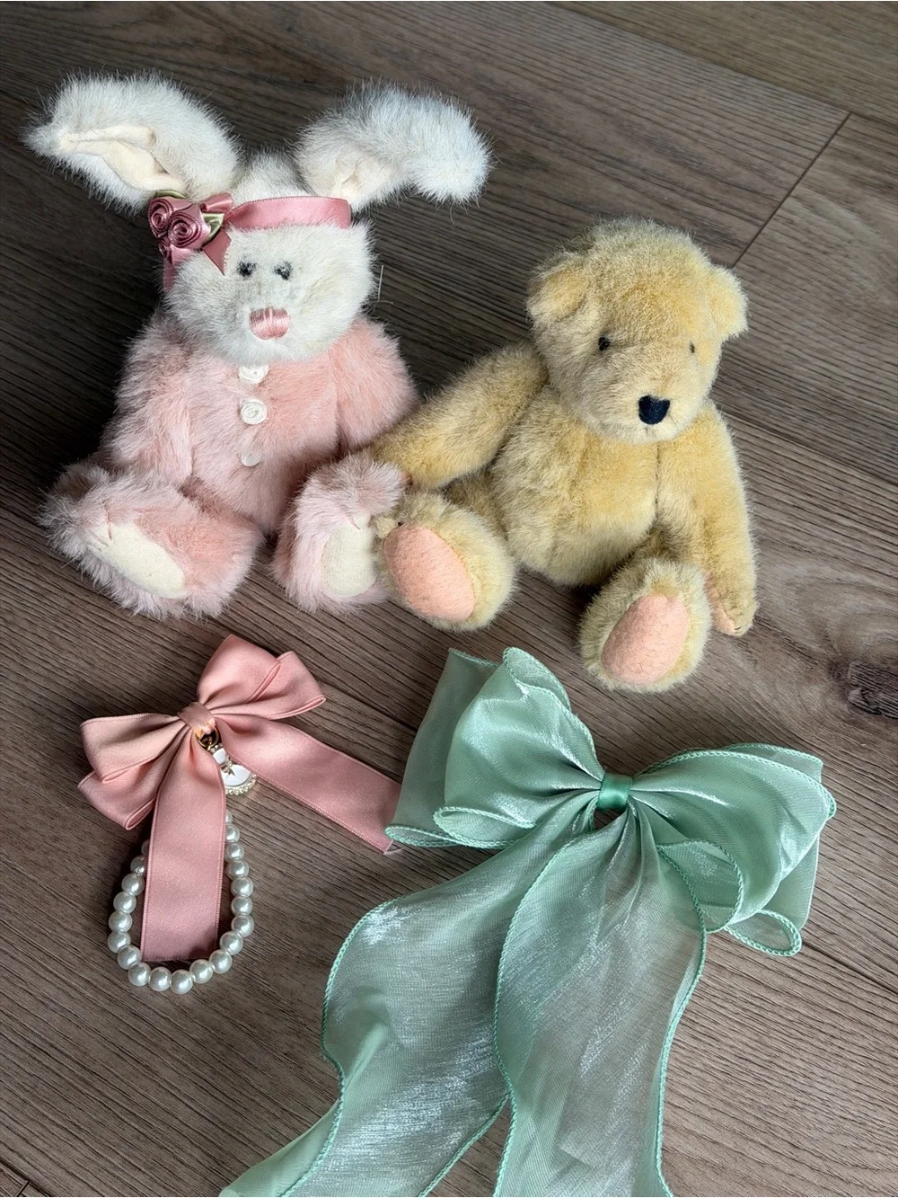 Plush Pink Bunny and Mint Bow Bear Pair - Kids Accessories
